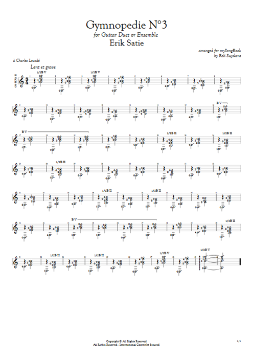 Gymnopédie N°3 in A Erik Satie guitar pro tab AGuitarII Guitar Duet mysongbook